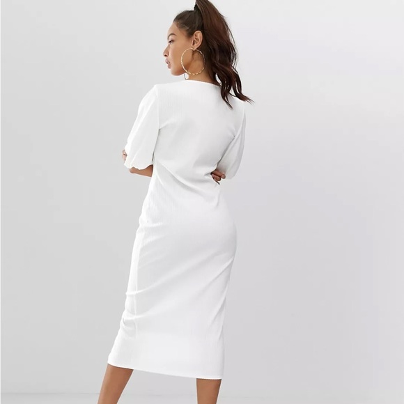 ASOS DESIGN slinky rib button through midi dress with puff sleeve - Picture 2 of 9